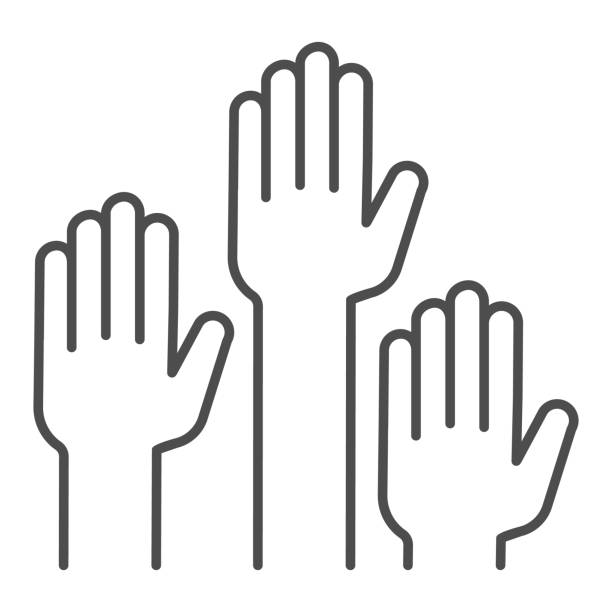 tangan mengangkat ikon garis tipis, konsep pendidikan, mengangkat tangan dalam tanda udara di latar belakang putih, mengangkat ikon lengan dalam gaya garis besar untuk konsep seluler dan desain web. grafik vektor. - bagian tubuh manusia ilustrasi stok
