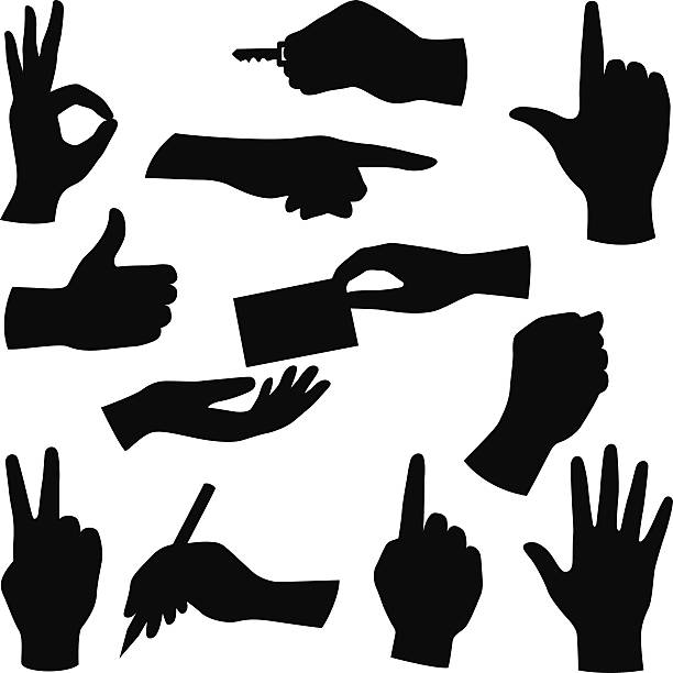 Hands silhouette collection Collection of hand silhouettes including holding a key, writing with a pencil, passing a business card, giving a thumbs up, making a fist, gesturing OK, flashing a peace sign, pointing, etc. hand silhouettes stock illustrations
