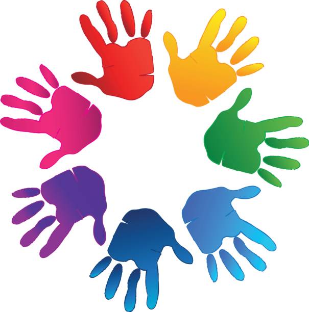 Hands teamwork logo vector Hands colorful representing a happy family, children, love and support symbol logo vector handprint stock illustrations