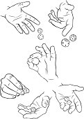 Vector illustration of various hands throwing dice. One of a series.