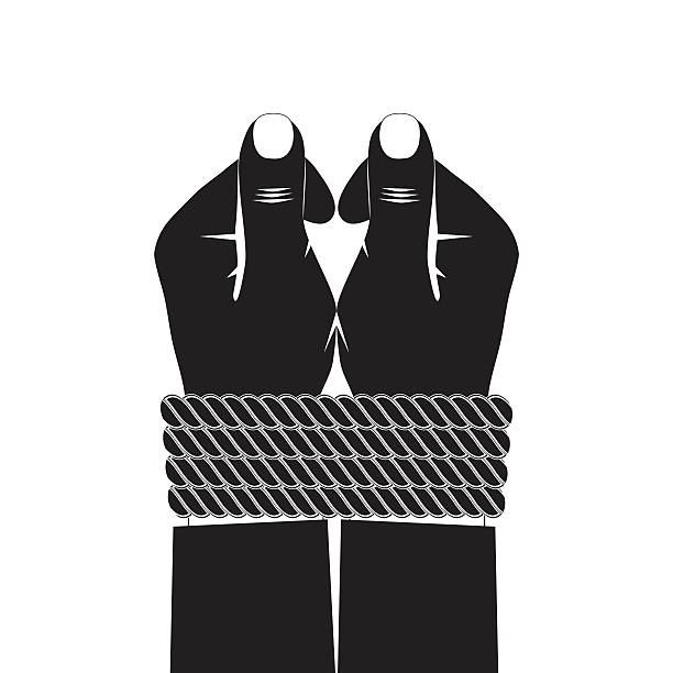 Hands tied by a rope. Black silhouette of the hands tied by a rope. hands tied up stock illustrations