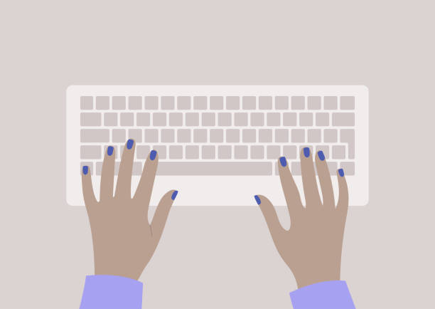Hands typing on a keyboard, top view, daily office routine Hands typing on a keyboard, top view, daily office routine computer keyboard stock illustrations