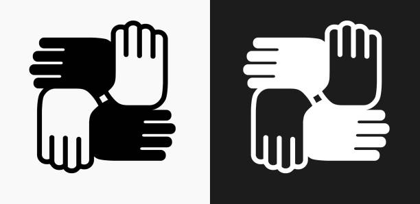 Hands United Icon on Black and White Vector Backgrounds Hands United Icon on Black and White Vector Backgrounds. This vector illustration includes two variations of the icon one in black on a light background on the left and another version in white on a dark background positioned on the right. The vector icon is simple yet elegant and can be used in a variety of ways including website or mobile application icon. This royalty free image is 100% vector based and all design elements can be scaled to any size. ethnicity stock illustrations