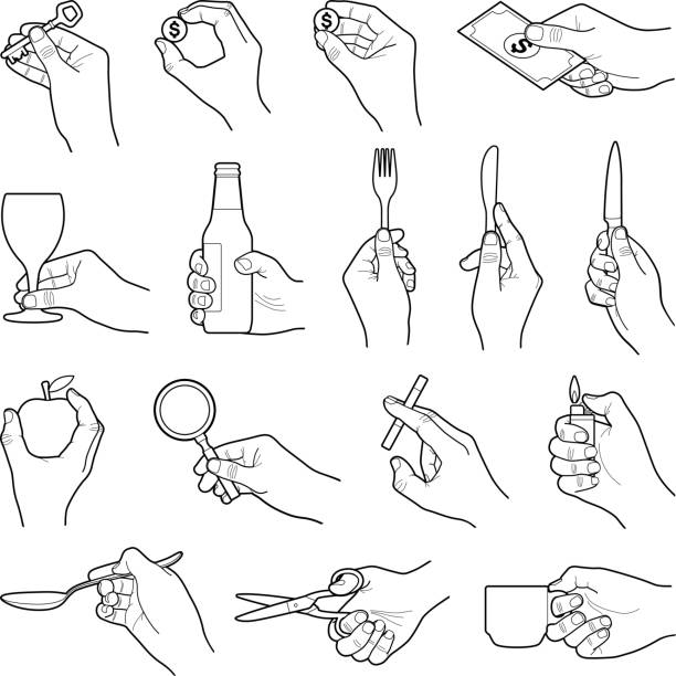 ilustraciones, imágenes clip art, dibujos animados e iconos de stock de manos con colección de objetos - vector ilustración de línea - mano agarrando botella de cerveza y taza