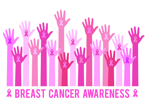 Hands with pink ribbon signs, breast cancer awareness, vector