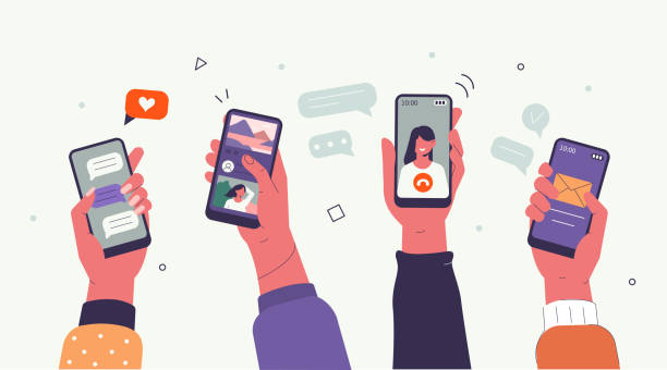 hands with smartphones Young People use Smartphones and Surfing in Social Media. Boys and Girls Chatting, Watching Video, Liking Photos. Female and Male Characters Talking in Mobile App. Flat Cartoon Vector Illustration. telephone stock illustrations