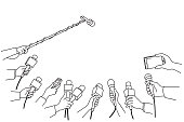 Various press reporter hands with microphones and recorder in press interview. Politics, business, press interview, news, concept. Outline, linear, thin line art, hand drawn sketch design, simple style.