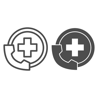 Handset and medicine cross line and solid icon, Medical concept, Emergency call sign on white background, Handset with medical icon in outline style for mobile concept and web design. Vector graphics
