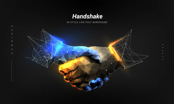Handshake. Abstract image two hands handshake in the form of a starry sky and flaming steel. Isolated on dark background. Low poly wireframe. Particles are connected in a geometric silhouette Handshake. Abstract image two hands handshake in the form of a starry sky and flaming steel. Isolated on dark background. Low poly wireframe. Particles are connected in a geometric silhouette businessman patterns stock illustrations
