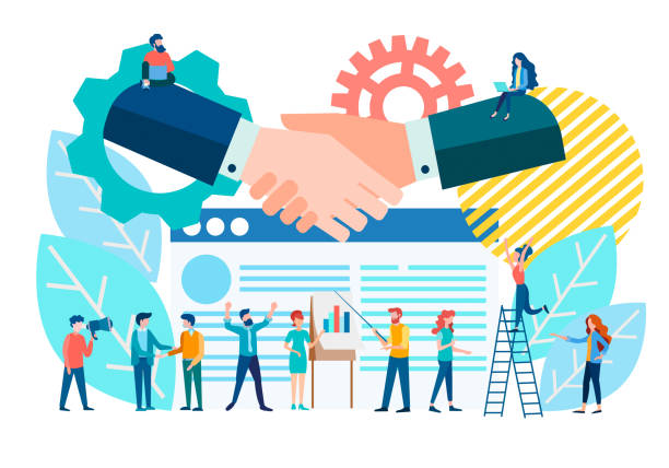 Handshake of executives, conclusion of contracts and management in a company vector art illustration