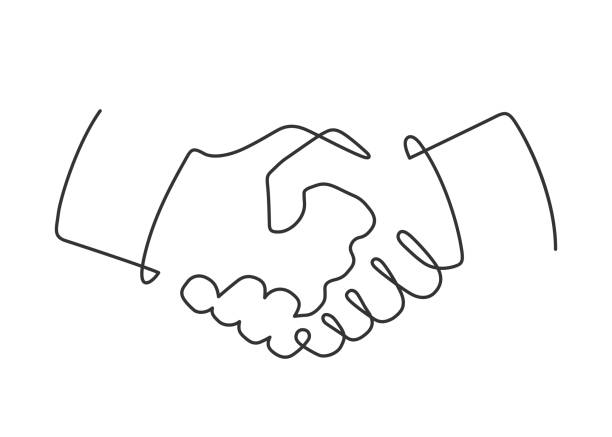 handshake one line Continuous line drawing of handshake on white background. Vector illustration businessman drawings stock illustrations