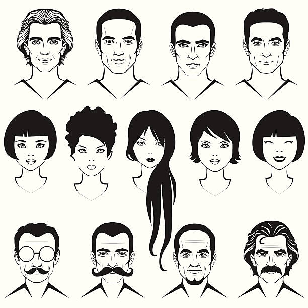 handsom man eye mustache lips and hair, face parts, women and men head character eye silhouettes stock illustrations