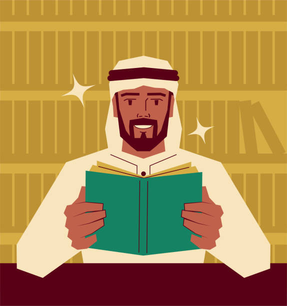 stockillustraties, clipart, cartoons en iconen met knappe arabische zakenman leest een boek in de bibliotheek; nooit stoppen met leren; om in jezelf te investeren; kennis is macht - arabic student