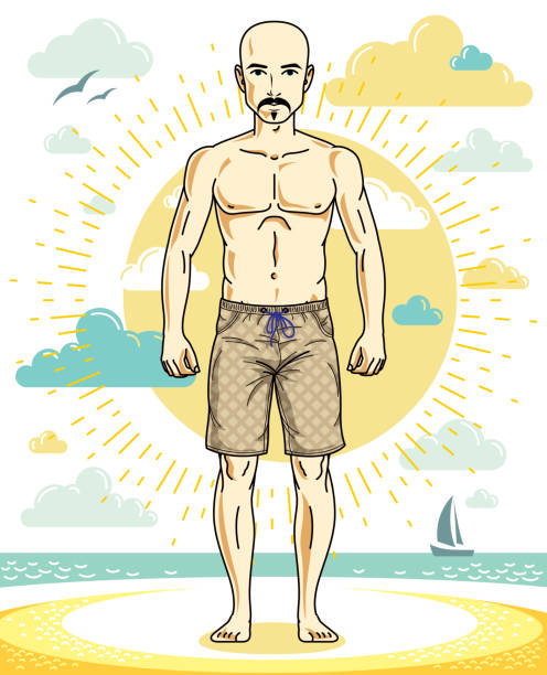 ilustrações de stock, clip art, desenhos animados e ícones de handsome bald adult man with stylish beard and mustaches standing on tropical beach in bright shorts. vector nice and sporty man illustration. summertime theme clipart. - bald beach