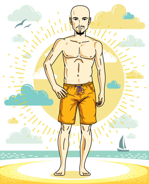 ilustrações de stock, clip art, desenhos animados e ícones de handsome bald adult man with stylish beard, tropical beach - bald beach