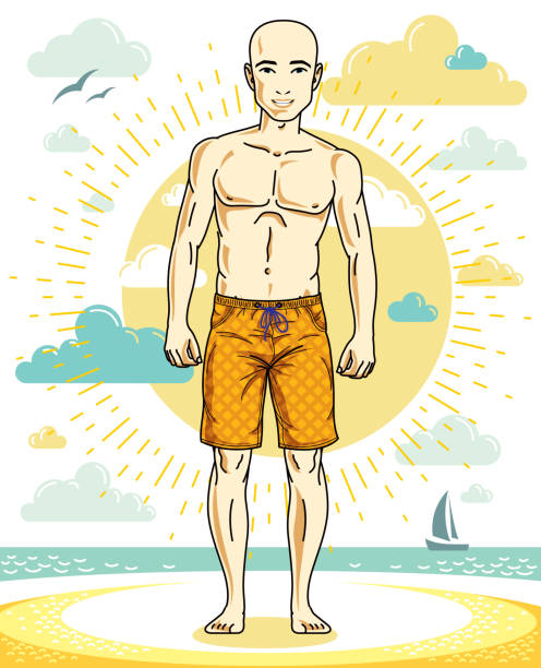 ilustrações de stock, clip art, desenhos animados e ícones de handsome bald man posing on tropical beach in colorful shorts. vector character. summer holidays theme. - bald beach