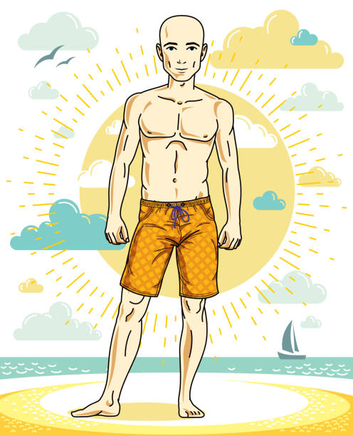ilustrações de stock, clip art, desenhos animados e ícones de handsome bald man posing on tropical beach in colorful shorts. vector character. summer holidays theme. - bald beach