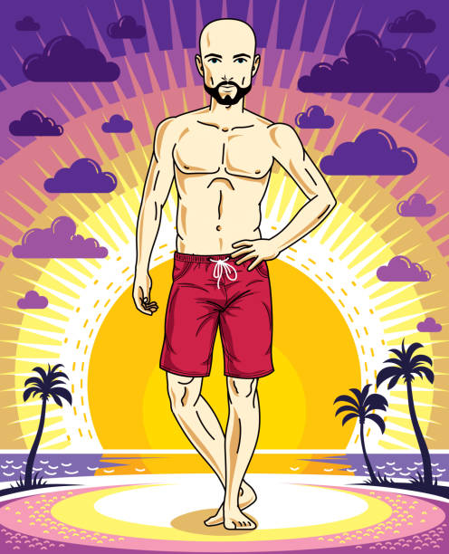 ilustrações de stock, clip art, desenhos animados e ícones de handsome bald man with beard and mustaches poses in red shorts on background of sunset landscape with palms. vector character. summer holidays theme. - bald beach