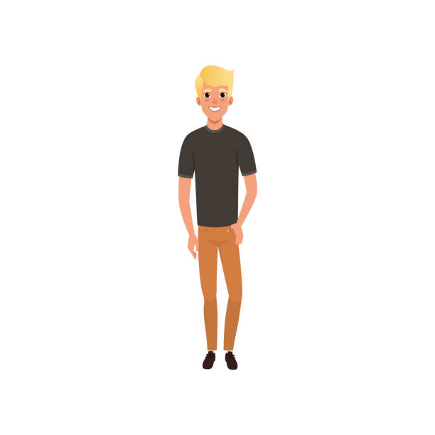 Handsome blond guy posing isolated on white. Cartoon character of young man wearing black t-shirt and orange jeans. Full-length portrait. Flat vector design Handsome blond guy posing isolated on white background. Cartoon character of young man wearing black t-shirt and orange jeans. Full-length portrait. Colored vector illustration in flat style. blond hair stock illustrations