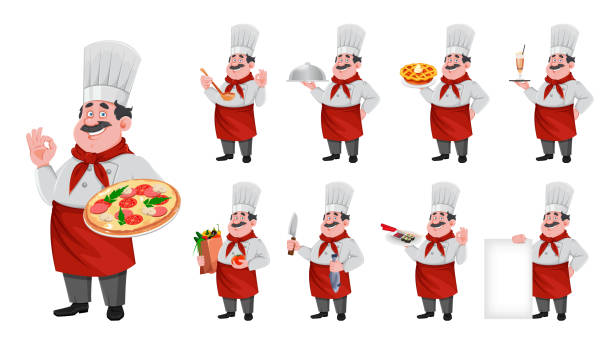 Handsome chef cartoon character. Cheerful cook Handsome chef cartoon character, set of nine poses. Cheerful cook in professional uniform. Vector illustration chef apron stock illustrations