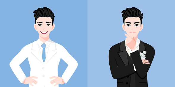 A handsome groom man with a wedding man's suit two styles on the wedding day in a blue background. Valentine's Day cartoon character and abstract design vector