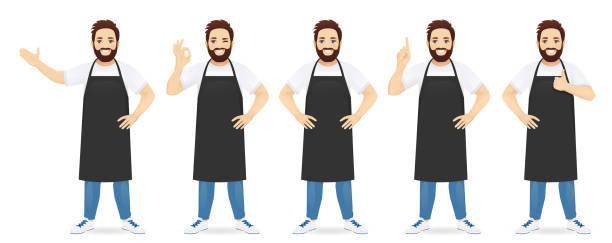 Handsome man in apron Handsome man in black apron standing with different gestures set isolated vector illustration apron stock illustrations