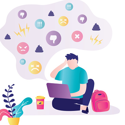 Handsome man is being bullied on Internet. Male character upset because of negative comments and dislikes. Concept of bullying on social networks and online abuse. Trendy flat vector illustration