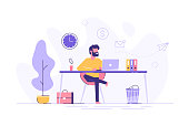 istock Handsome man is working at his laptop. Modern office interior with work process icons on the background. Vector illustration. 955148158