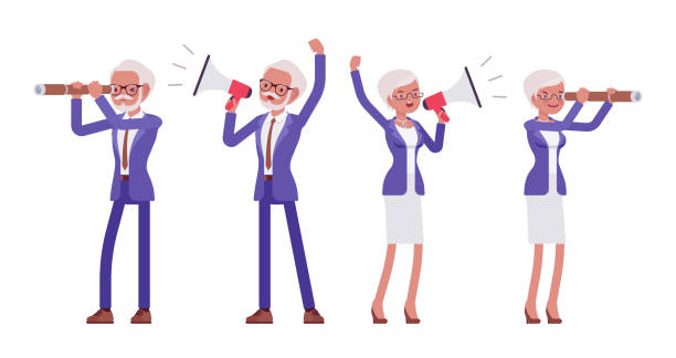 Handsome old man, woman, elderly businesspeople with megaphone, spyglass Handsome old man, woman, elderly businesspeople with megaphone, spyglass. Bossy senior manager, gray haired persons above 50 years. Vector flat style cartoon illustration isolated on white background old man crying stock illustrations