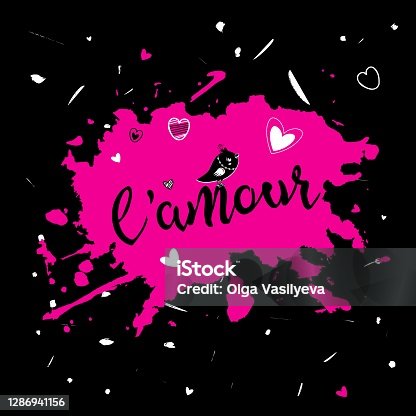 istock Handwritten lettering l'amour on the spot of pink and black background in grunge style with bird and hearts. Vector illustration 1286941156