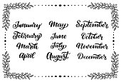 Handwritten names of months: December, January, February, March, April, May, June, July, August September October November Calligraphy words for calendars and organizers. Vector illustration