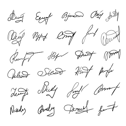 Handwritten signatures set. Fictitious signatures for business contract. Vector EPS 10 collection