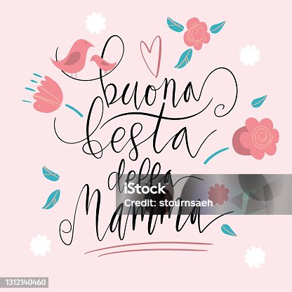 istock Handwritten vector lettering Buona Festa Della Mamma Happy Mother's day in Italian with birds ornament isolated on white. 1312140460