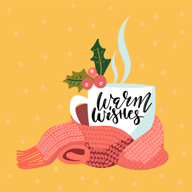 ilustrações de stock, clip art, desenhos animados e ícones de handwritten warm wishes text. hand drawn cup of hot tea or coffee decorated by holly berries. vector illustration, brush lettering. christmas, new year greeting card, invitation. - hot chocolate