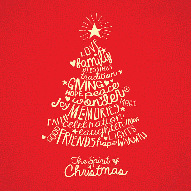 handwritten word cloud Christmas tree greeting card design handwritten word cloud Christmas tree greeting card design with meaningful inspiring words light through trees stock illustrations