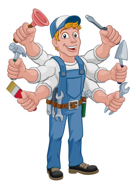 Handyman Cartoon Tools Caretaker Construction Man Handyman cartoon property caretaker construction man multitasking with lots of arms holding tools mechanic clipart stock illustrations