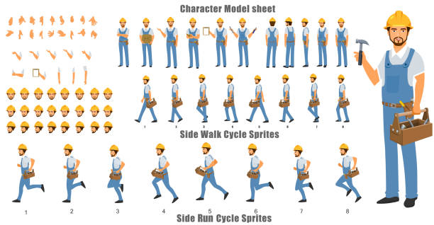 Handyman Character Tunaround with Walk cycle and Run cycle Handyman Character Model sheet with Walk cycle and Run cycle Animation Sequence businessman borders stock illustrations