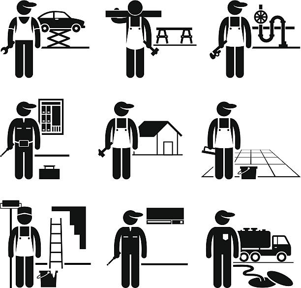 Handyman Labor Labour Skilled Jobs Occupations Careers A set of pictograms showing the professions of people in the skilled labor industry. mechanic clipart stock illustrations