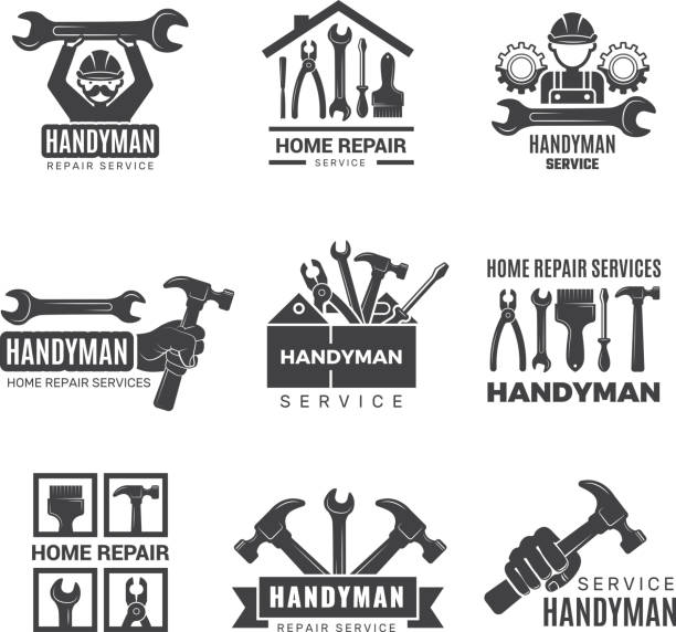 ilustraciones, imágenes clip art, dibujos animados e iconos de stock de logotipo de handyman. trabajador con placas de servicio de equipos destornillador mano contratista hombre símbolos vectoriales - artesano