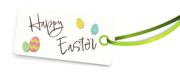 hang tag with ribbon band with greetings Happy Easter EPS 10 vector illustration of hang tag and green colored ribbon band isolated on white background with greetings ' Happy Easter ' easter sunday stock illustrations