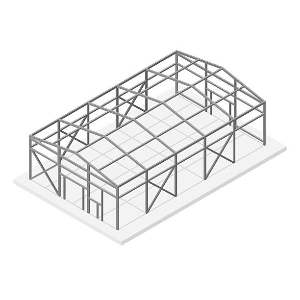 Hangar Metal Frame Isometric View. Vector Building Hangar or Warehouse Metal Construction Frame Roof and Support Isometric View. Vector illustration garage borders stock illustrations