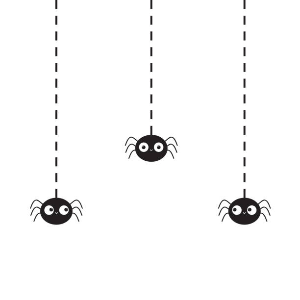 Hanging black spiders silhouette on dash line web. Three funny insect set. Cute cartoon baby character. Happy Halloween. Flat material design. White background. Isolated. Hanging black spiders silhouette on dash line web. Three funny insect set. Cute cartoon baby character. Happy Halloween. Flat material design. White background. Isolated. Vector illustration cute spider stock illustrations