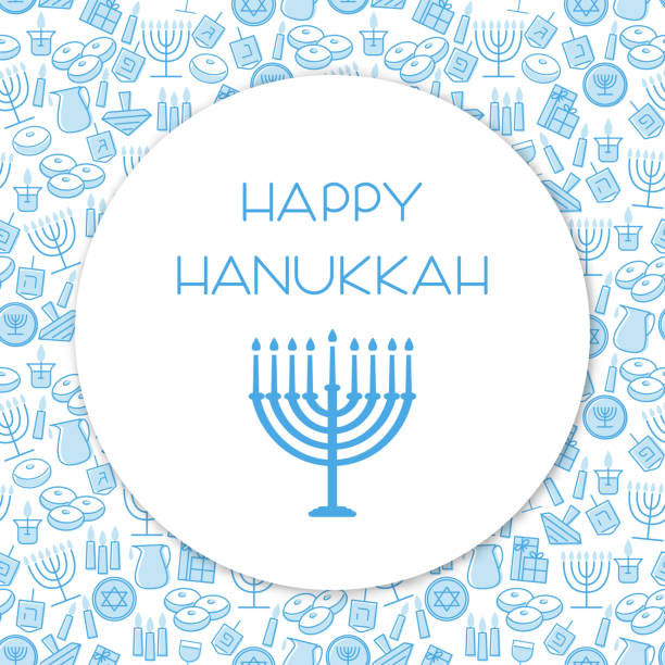 Hanukkah blue background Happy Hanukkah greeting card template design. Holiday symbols: menorah (candlestick), candles, donuts, gifts, dreidel. Vector illustration hanukkah stock illustrations
