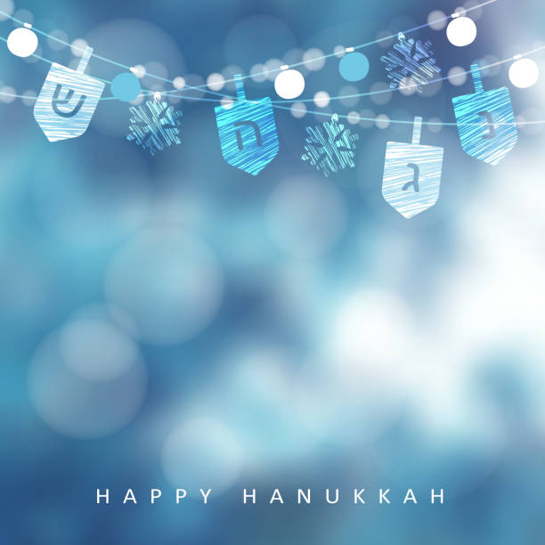 Hanukkah blue greeting card, invitation with string of lights, dreidels and snowflakes. Party decoration. Modern festive blurred vector illustration background for Jewish Festival of light holiday Hanukkah blue greeting card, invitation with string of lights, dreidels and snowflakes, party decoration. Modern festive blurred vector illustration background for Jewish Festival of light holiday. happy hanukkah stock illustrations