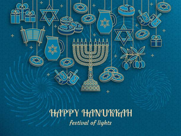 ilustraciones, imágenes clip art, dibujos animados e iconos de stock de tarjeta de felicitación de hanukkah con torah, la menorá y dreidels. lugar para el texto. ilustración de vector. - happy hanukkah