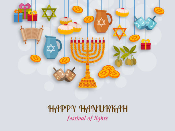 ilustraciones, imágenes clip art, dibujos animados e iconos de stock de tarjeta de felicitación de hanukkah con torah, la menorá y dreidels. lugar para el texto - happy hanukkah