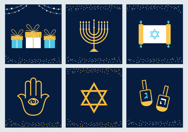 ilustraciones, imágenes clip art, dibujos animados e iconos de stock de hanukkah tarjetas con símbolos judíos. diseño vectorial - hanukkah