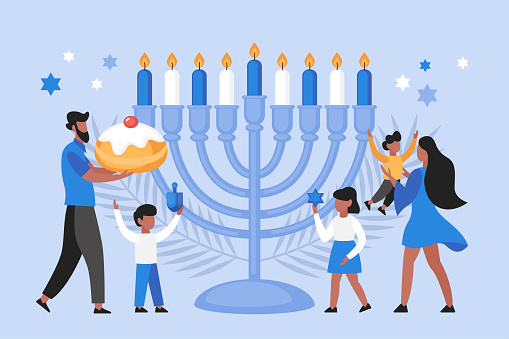 Hanukkah holiday concept.  Modern vector illustration of  family with children celebrating together