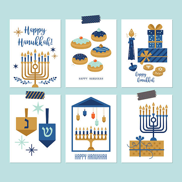 하누카 유대인 휴일 인사말 카드 세트 디자인 - hanukkah stock illustrations