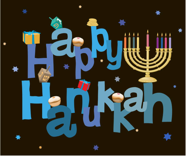 ilustraciones, imágenes clip art, dibujos animados e iconos de stock de hanukkah, fiesta para los judíos, "feliz janucá" - mensaje, palabra-texto, vacaciones de judío fondo menorah, sufgania, decoración, caja de regalo - happy hanukkah